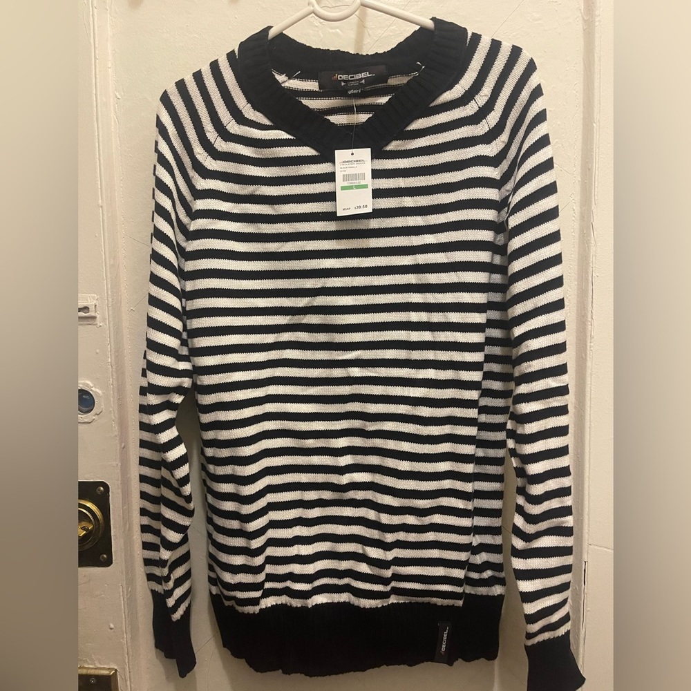 DECIBEL V NECK STRIPE SWEATER